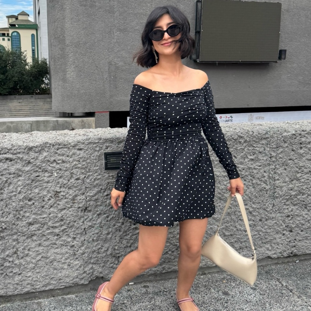 Elegant Black Polka Dot Off-Shoulder Dress